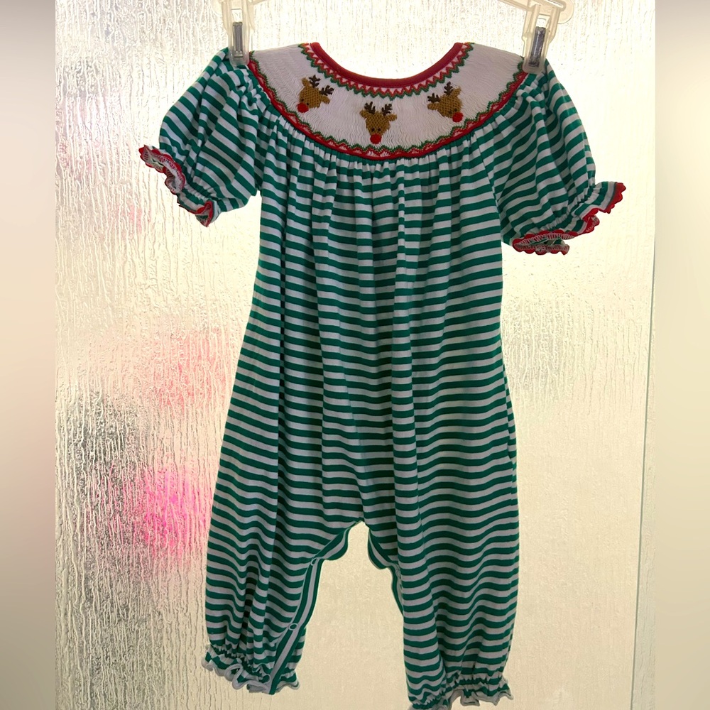 BEAUTIFUL one of a kind handmade smocked reindeer jumper.Bottom snap.Button back